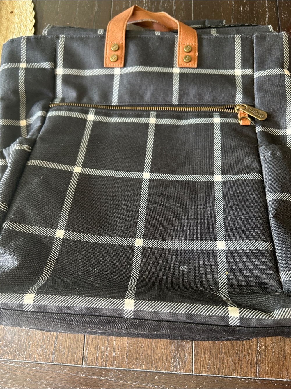 thirty-one Black and White Windowpane Backpack Tote with Tan Handles